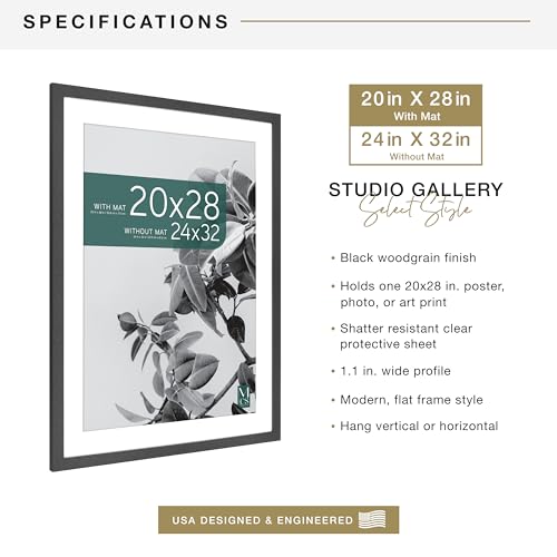 MCS Studio Gallery 24x32 Matted Poster Frame with 20x28 Picture Display, Black Woodgrain Vertical & Horizontal Wall Hanging Large Picture Frame for Photos, Posters & Art Prints (1-Pack)