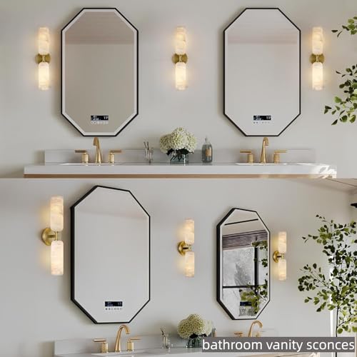 Image of 20in Alabaster Wall Sconces Set of Two, Modern Spanish Natural Marble Bathroom Vanity Sconces, Brass Alabaster Sconce Wall Lighting, Gold Wall Light Fixtures Decor for Bedroom Living Room Staircases