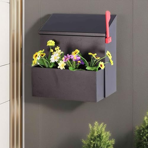 Image of Wall Mount Mailbox with Flower Planter - Black Large Capacity Security Wall Mounted Mailbox - Waterproof Vertical Drop Mail Box Outdoor
