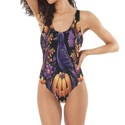 Bikini monokini pourpre au motif citrouille d'Halloween ornée