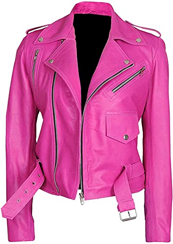 Women's Hot Pink Genuine Leather Motorcycle Jacket Brando Style Biker Leather Jacket2