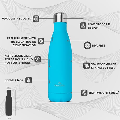 Stainless Steel Water Bottle, Vacuum Insulated, 12hrs Hot & 24hrs Cold Drinks, BPA Free, Metal Water Bottle 500ml, Leakproof Double Walled Thermal Flask for Kids, Travel, Gym, Sports – Teal - Image 4