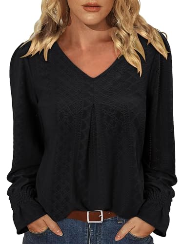 KISSMODA Long Sleeve Fall Shirts For Women V Neck Tunic Tops Embroidered Button Down Knitted Blouses 2025