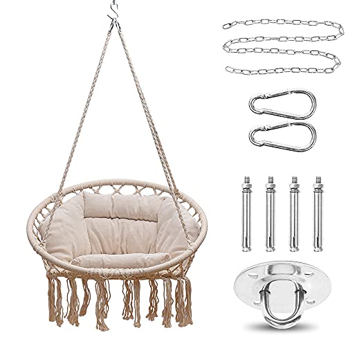 Goutime Hängesessel mit hängendem Hardware-Kit und Rückenkissen, Macrame Boho Schaukelstühle für drinnen, draußen, Schlafzimmer, Terrasse, 100kg Kapazität (Beige) Cover