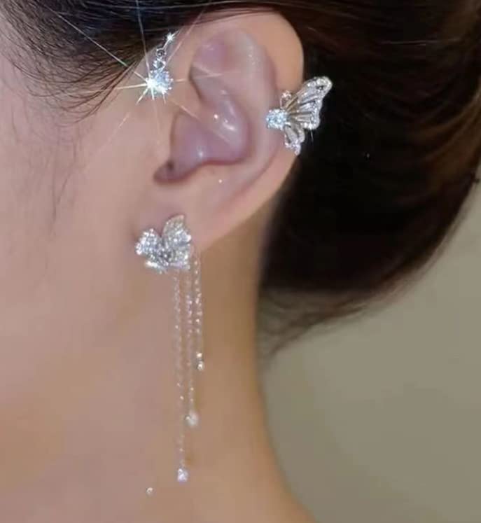 2Pcs Zircon Butterfly Ear Cuff Earrings for Women No Piercing Ear Clip Wrap Around Fake Earrings Crawler Rhinestone Wrap Earrings2