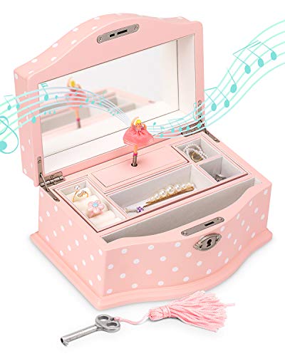 Elle Jewelry Box - Ballerina Jewelry Organizer and Swan Lake Wind-Up Music Box for Girls and Teens, Accessories and Keepsake Wooden Storage with Lock and Mirror, Charming Room Decor and Gift, Large Elle Jewelry Box - Ballerina Jewelry Organizer and Swan Lake Wind-Up Music Box for Girls and Teens, Accessories and Keepsake Wooden Storage with Lock and Mirror, Charming Room Decor and Gift, Large