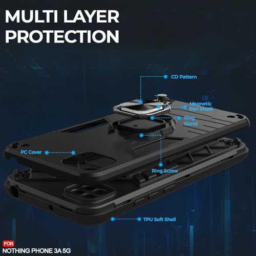 Image of AESTMO Nothing Phone 3A 5G Back Case Cover | Tough Armor Bumper | Ring Holder & Kickstand in-Built | 360 Degree Protection Cover for Nothing Phone 3A 5G (Black)