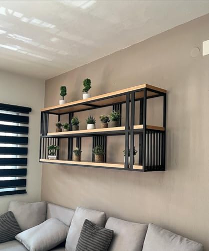 Duvar Rafı, Metal ve Ahşap, Çok Yönlü Depolama Rafı, Kitaplık, Ev, Mutfak, Bar, Kafe için Metal Raflı ve Ahşap Bölmeli Asma Teşhir Ünitesi