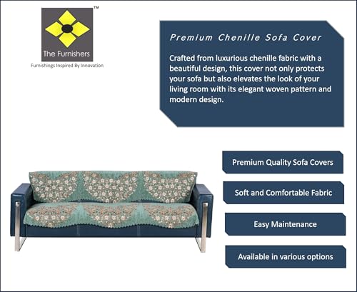 Image of Premium Chenille Woven Anti-Slip 3 Seater Sofa Cover | L-Shape Sofa Seat Protector for Living Room | Durable & Stylish Slipcover - Teal Phoolkari