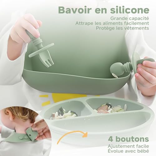 NEXROLA Baby Geschirrset 8 Stück, Kindergeschirr Set, Baby Teller mit Saugnapf, Trinklernbecher, Lernlöffel Baby, Silikon Lätzchen Baby, BPA-frei, Baby Besteck für Spülmaschine und Mikrowelle, Grün