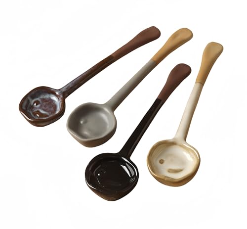 4-Pack - Ceramic Vintage Afternoon Tea, Coffee Whisk, Handmade Spoon, Long-Handle Coffee Scoop, tea scoop for loose tea, Size 5.9 * 1