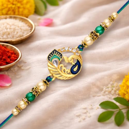 Image of Riddhika Ventures Glorious Gold Plated Auspicious Diamond Ring Rakhi with Roli Chawal and Greeting Card
