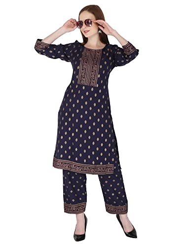 Image of Women's Rayon Printed Kurta with Palazzo Set (Small, Blue Palazzo Set)