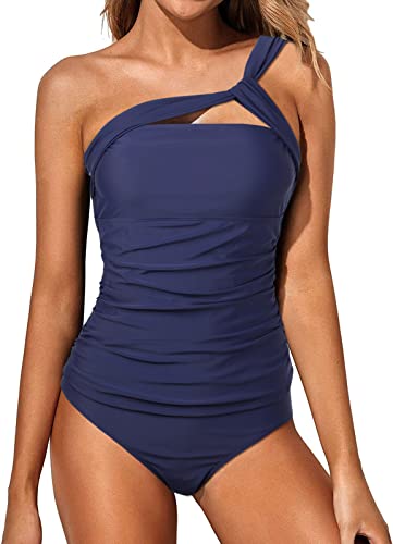 Wantonfy Damen Zweiteilig Badeanzug High Waist Tankini EIN Schulter Bademode Schwimmanzug Bademode