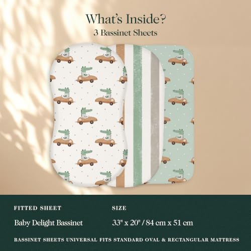 Image of 100% Organic Cotton Bassinet Sheets 3 Pack - (33 x 20 Inches) Baby Delight - GOTS Certified, Soft Breathable Percale Weave, Universal Fits Standard Oval & Rectangular Mattress - for Boys & Girls