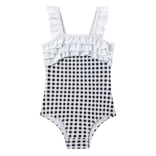 LIZENS Girls One Piece Swimwear with Ruffles in Checkered Bright Colors Bathing Suit for Kids