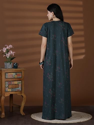 Image of 9shines Label Stylish Cotton Blend Embroidered Maxi Nightdress for Women with Pocket| Full Length Nightwear| Premium Nightdress| Comfortable Nightwear(5256)