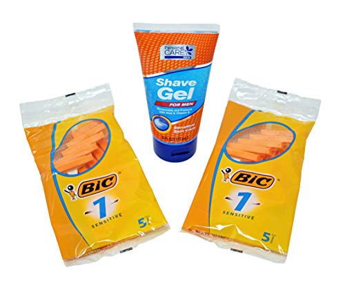 BIC Sensitive Single Blade Shaver Sensitive, 2 Pack (10 Razors Total). Plus 1 Shave Gel.