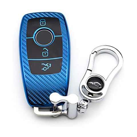 M.JVisun Soft Carbon Fiber Finish Car Key Fob Cover for Mercedes-Benz 2019-2022 A Class C Class G Class 2017-2022 E Class 2018-2021 S Class Electroplated TPU Case with Metal Keychain - Blue Cover