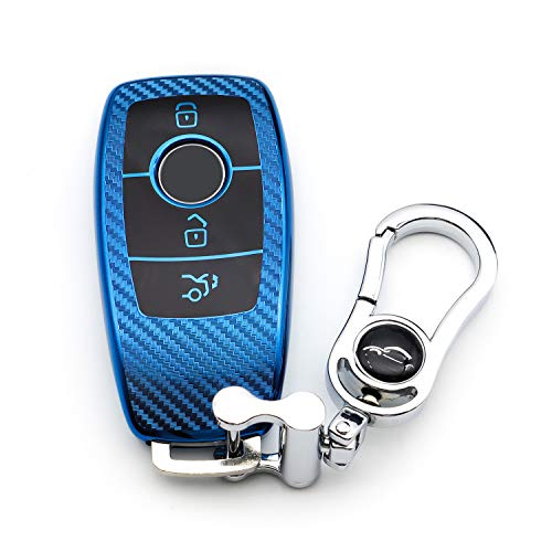 M.JVisun Soft Carbon Fiber Finish Car Key Fob Cover For Mercedes-Benz 2019-2022 A Class C Class G Class 2017-2022 E Class 2018-2021 S Class Electroplated TPU Case With Metal Keychain