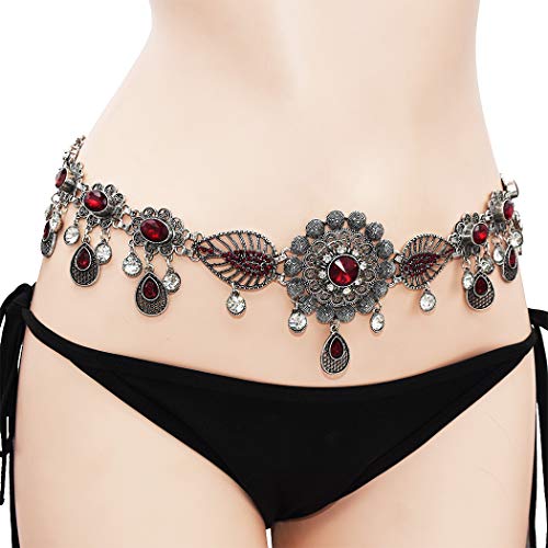 Nsls Egyptian Red Crystal Flower Waist Belly Chains Dancing Beach Belt Statement Body Chain Silver India Ethnic Boho Turkish Jewelry (Aa) #TOP7