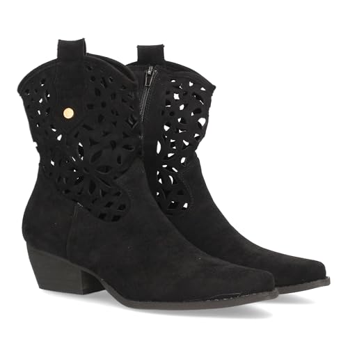 98473 Botin cowboy para mujer, diseno calado en la cana, toque artesanal y distintivo. Tacon bajo y suela flexible. Troquelado con transpiracion, ideal para looks de entretiempo. Negro Talla 38
