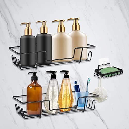 3 Pack Shower CaddyNo-drilling Wall Mounted Bathroom Shower Shelf Stainless Steel Storage Rack with 16 Hooks for Shower Restroom Kitchen Storage