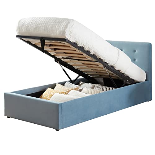 HOMIFAB Lit Coffre Enfant 90x190 en Velours Bleu avec tête de lit, sommier à Lattes et Rangement - Collection Tina Cover