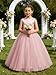 Dypaha Flower Girl Dress Pearls Sleeveless Long Dresses for Wedding Kids White Satin Fluffy Tulle V-Back Round Neck Pageant Evening Party Bowknot Ball Gown 6T