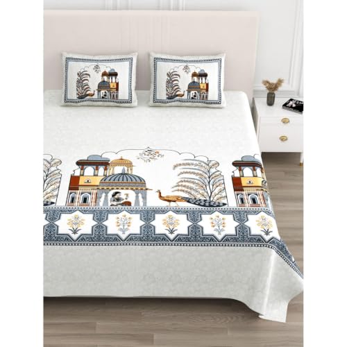 Image of 240 TC 100% Cotton Bedsheet for Double Bed King Size with 2 Pillow Covers | Breathable & Super Soft Rajasthani Sanganeri Jaipuri Printed Bed Sheet -100 * 108 Inches (Jaipur Darbar)