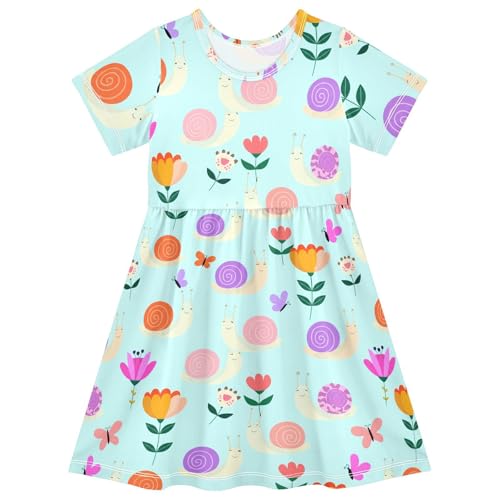 Cartoon Snail Flowers Butterfly Girls Summer Dress Toddler Girl Skater Dresses Short Sleeve Dress for Kids,2T