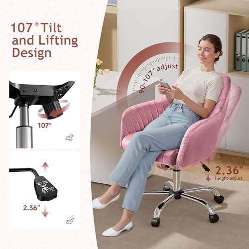 Image of Warmiehomy Vanity Chair, Velvet Office Chair, Desk Chair for Home Office, Comfy Task Chair with Arm Rest for Reading Makeup, Dusty Rose