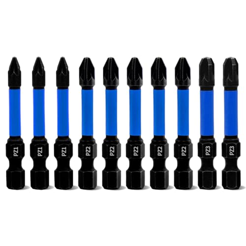 Meccion Magnetic Impact Driver Bits PZ1*3 PZ2*5 PZ3*2 10Pcs Length 50mm Professional Pozidriv Screwdriver Bit Set - 1/4" Hex Shank