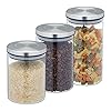 Relaxdays Set da 3 Barattoli per Alimenti, Recipienti in Vetro Coperchio Acciaio Inox 3 Grandezze, Trasparente Argentato, 60% 30% 10% Silicone
