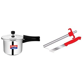Prestige Popular Stainless Steel Outer Lid Pressure Cooker, 3 Litres, Silver & Prestige Stainless Steel PGL-03 Gas Lighter with Knife, Red