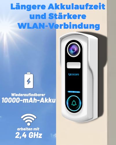 UCOCARE WLAN Video Türklingel mit Kamera, 2K 4MP Video, Nachtsicht, IP67, SD & Cloud Speicher, Video-Türsprechanlage für Deine Haustür, Kompatibel mit Alexa (Türklingel mit Akku Gong)