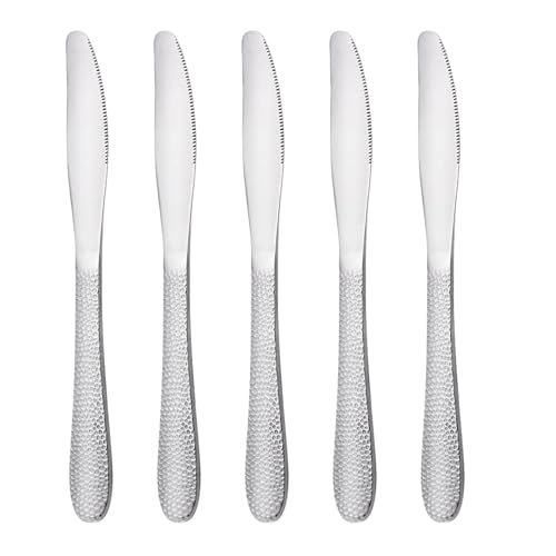Image of 9 inch Hammered Sterling Silver Dinner Knives | 5-Piece Premium Stainless Steel Flatware Set of Steak Knives | Elegant Dishwasher-Safe Cutlery for Home, Restaurants, and Gifting