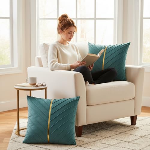 Image of Velvet Throw Pillow Covers 16x16 Pack of 2 Gold Decor Aqua Green