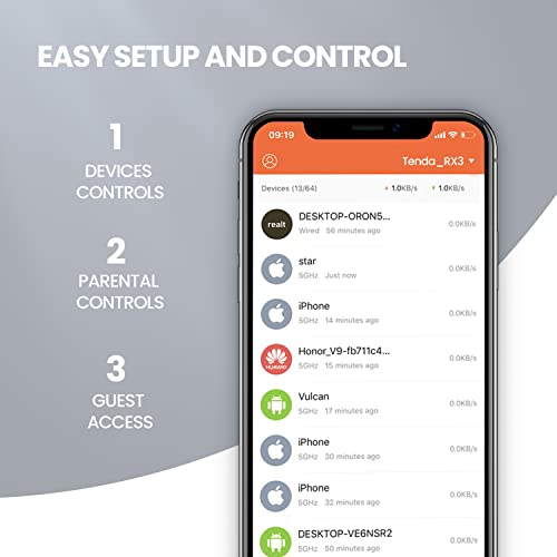 Tenda Wi-Fi 6 Router Ax1800 Smart Wifi Router (Rx3) -Dual Band Gigabit Wireless Internet Router，With Mu-Mimo+Ofdma, 1.8Ghz Quad-Core Cpu, Up To 1200 Square Feet Coverage(4 Rooms) & 64 Devices #TOP5