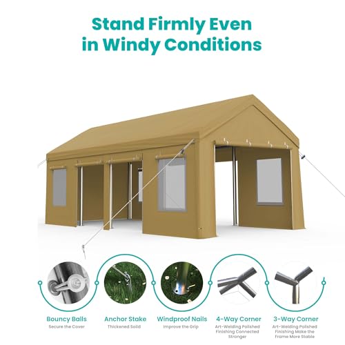 13x25ft Carport, Heavy Duty Carport with Reinforced Steel Poles, Upgraded Portable Garage with Doors & Window, UV Resistant All-Season Waterproof Tarp, for Car, Truck, Boat (Yellow)