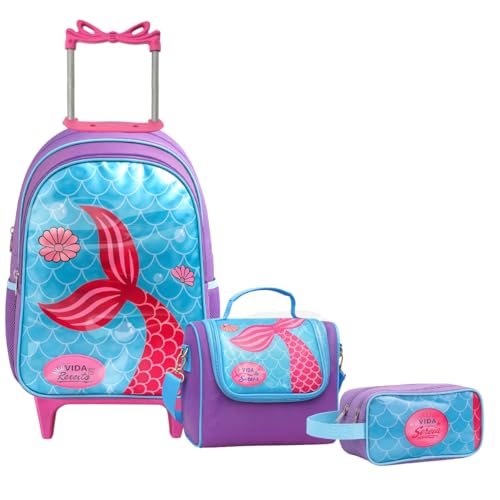 Kit Mochila de Rodinha Escolar Sereia Infantil Feminino + Lancheira Transversal + Estojo Duplo Menina