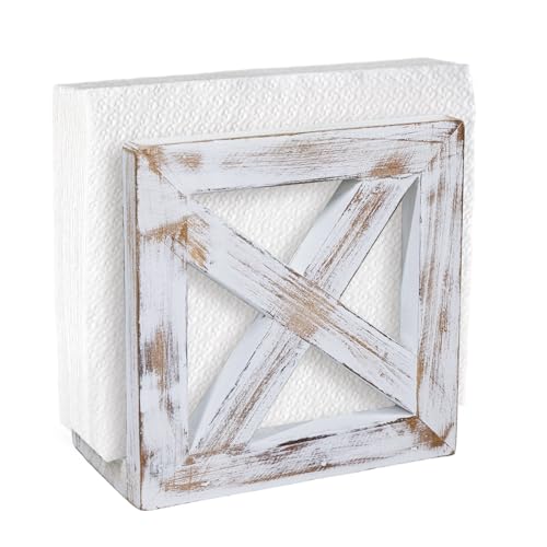 MAONAME Farmhouse Wooden Napkin Holder for Tables, Square Napkin Dispenser, Rustic Wood Guest Towel Holder Tray for Bathroom, Dinner Napkin Holder for Kitchen, Vintage White