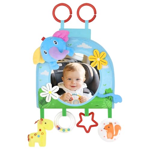 Image of Caterbee Baby Car Seat Mirror Toy, Hanging Activity Toy with Rear Facing Mirror for Infant, Stroller & Crib Toy for Tummy Time, Sensory Elephant Toy for 0+ Months (Elephant)