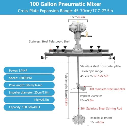 Stainless Steel 3/4HP Automatic Paint Mixer, 100 Gallon Pneumatic Stand Mixer with Support Hanger, Ideal for Ink, Paint, Coating & Glue Mixing