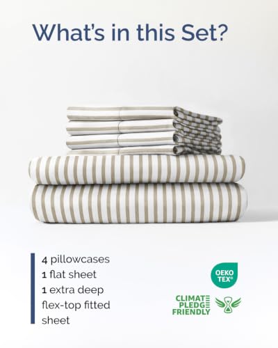 Image of Extra Deep Flex Top Split Head King Sheet Set - 6 Piece Breathable and Cooling Sheets - Hotel Luxury Bedding for Women, Men, Kids & Teens - Easy Secure Fit - Extra Deep Pockets - Beige Stripes 2