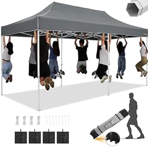 HOTEEL 10×20 Heavy Duty Pop Up Canopy Tent Outdoor Canopy Tents for Parties, Commercial Instant Waterproof Wedding Event Tent with Roller Bag, UV 50+Portable Shelter, Thick Hexagonal Legs, Grey