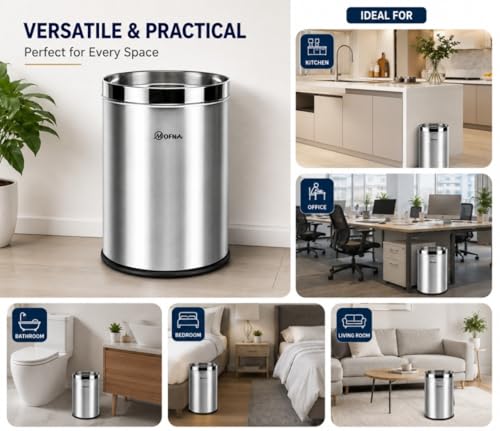 Image of mofna Stainless Steel Open Type Solid Dustbin Without Lid - Recycle Bin, Trash Can, Paper Bin - Modern and Durable Waste Management Solution (Silver, 10x28 Inch, 40 Liter)