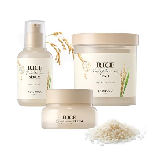 SKINFOOD Skincare Set – Brightening & Hydrating Trio with Daily Toner Pads, Rice Serum, and Rice Cream for Smooth, Glowing Skin