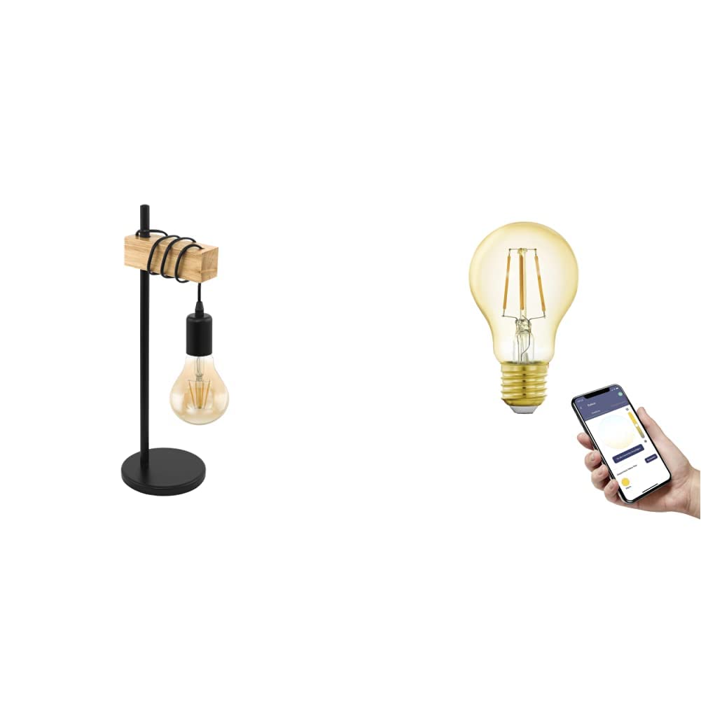 EGLO Tischlampe Townshend, Tischleuchte Industrial inkl. E27 Smart Home connect.z LED Leuchtmittel, schwarze Retro-Lampe, dimmbare Nachttischlampe aus Stahl und Holz, mit Schalter, warmweiß