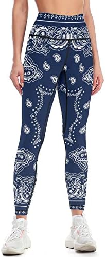 SKT T1 Women's Blue Bandana Leggings Vintage Bandana Paisley Floral Print Yoga Pants for Women Girls, High Waisted Tummy Control Yoga Leggings Novelty Workout Running Jogging Athletic Pants S